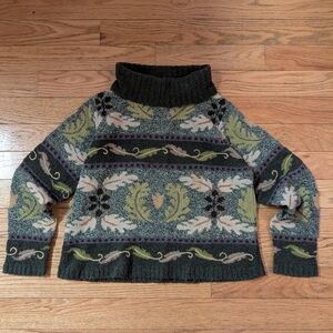 Rare Vintage Y2K 2000s Retro Wool Turtleneck Sweater Green Leaves Pattern Knit